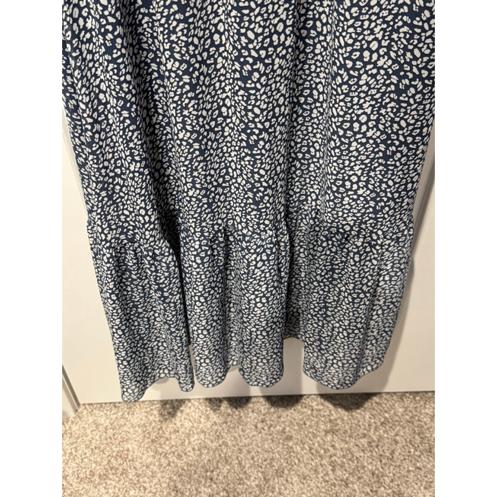 Women's BTFBM lined Blue & White Leopard Print Midi tiered Dress M - Picture 3 of 12